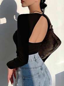 INAWLY 女士纯色露背圆领长袖 T 恤