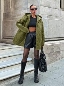 EURMUSE Fashionable Quilted Hooded With Pockets And Snaps Long Coat - Green - View 1