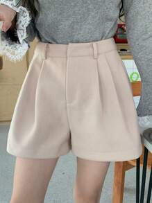 DAZY Quần short len ống rộng xếp ly màu trơn thường ngày cho nữ mùa thu, đông - Màu be - Xem 5