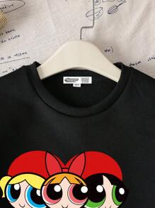 THE POWERPUFF GIRLS X SHEIN Tween Girl Casual Pattern Round Neck Long Sleeve Sweatshirt, Suitable For Autumn/Winter, Valentine's Day