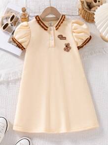 年轻女孩夏季休闲马球领泡泡袖小熊刺绣迷你连衣裙 - 黃色 - 查看 1