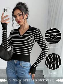 Chiquease Stylish Color-Block Striped Knitted Long Sleeve Sweater Top, Heart Embroidery Ribbed Waist Design, Versatile For Women