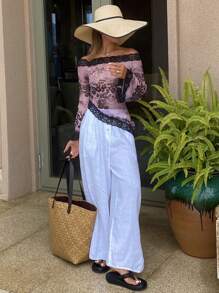 DAZY Lace & Mesh Splice Form-Fitting Off Shoulder Long Sleeve Crop Top For Women, Spring/Summer Sheer - Pink - View 3