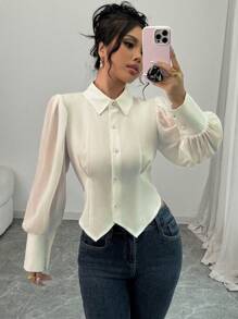 Elenzga Cămașă decupată cu design nou elegant, siluetă montată, mâneci cu bule, bluză albă