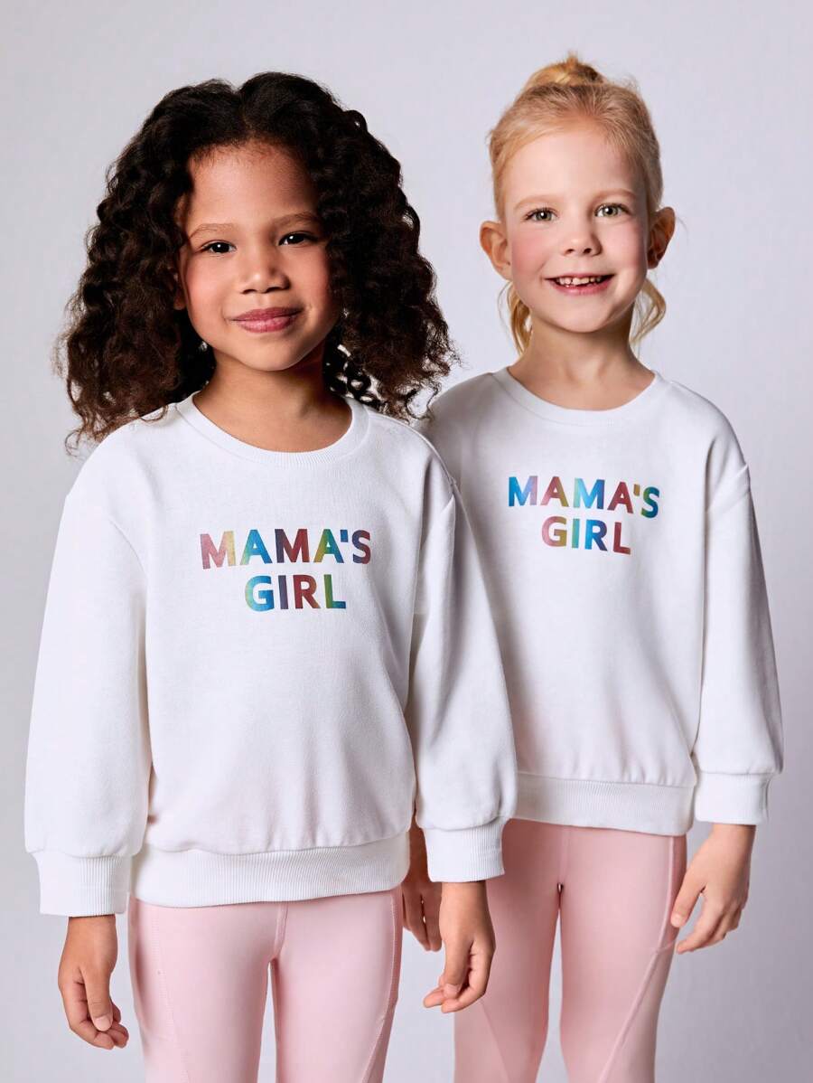 SHEIN Young Girls Casual Letter Print Reflective Loose Fit Long Sleeve Hoodie,Stylish Sporty Tops For Mom And Daughter,Autumn Birthday Gift,Spring Outfit - White - View 1