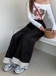 DAZY Quần jeans ống đứng kẻ sọc đơn giản, rộng rãi cho nữ mùa thu đông - Rửa tối - Xem 5