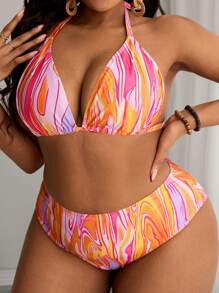 Slaydiva Plus Size Women 4pcs Set, Random Print Halter Neck & Thick Strap Triangle Bikini Set With Matching Print Drawstring Skirt & Hat Summer - Multicolor - View 4