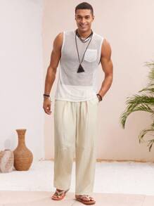 HIMLAND Men's Woven Casual Solid Color Elastic Waist Loose Straight Fit Pants - Apricot - View 3