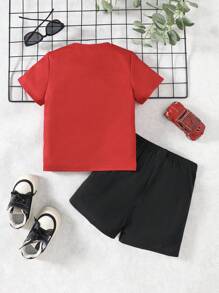 SHEIN 2pcs/Set Kids Boys Minimalist Letter Print Round Neck Short Sleeve T-Shirt And Shorts Comfy Pajama Sleepwear Set - Red - View 2