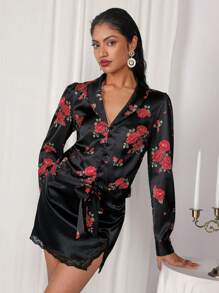 COSMINA Floral Print Puff Sleeve Tie Front Shirt, Valentine's Day - Red and Black - View 1