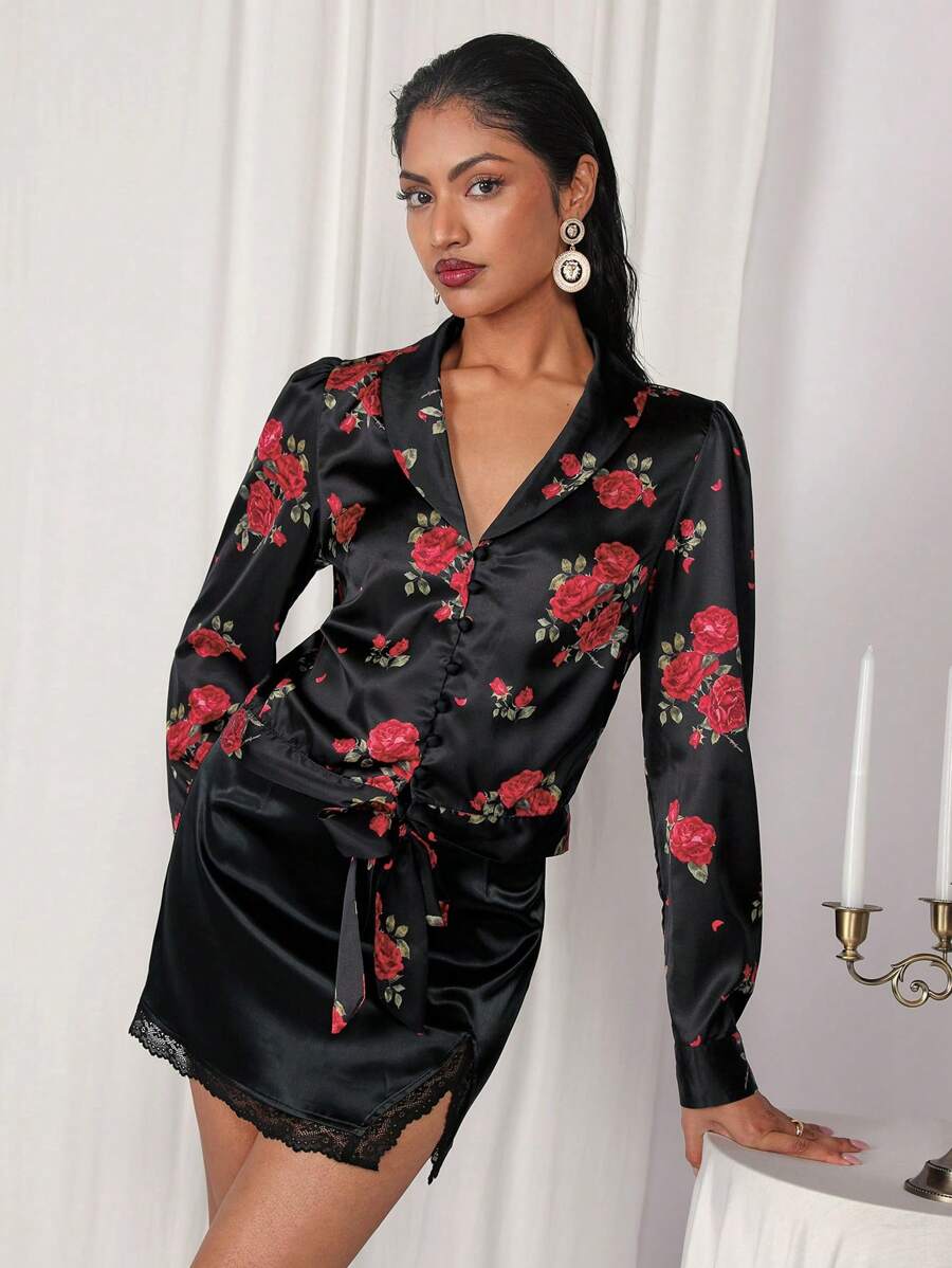 COSMINA Floral Print Puff Sleeve Tie Front Shirt, Valentine's Day - Red and Black - View 1