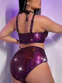 Swim EVENT Plus Size Women Shiny Fabric Spaghetti Strap Crop Top & Bottoms Set Swimwear, Sexy Party/Pool/Club Wear Summer - Purple - View 2