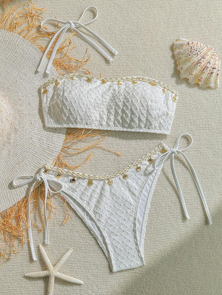 SHEIN Swim 2pcs Springbreak Summer Vacation Solid Color Textured Fabric Bandeau Top And Side Tie Cute Bikini Set, Festival Boho