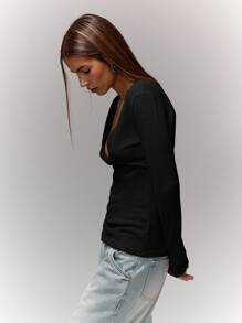 MUSERA V领长袖修身上衣，休闲机场度假返校季冬季优雅春季日常夏季皆宜 - 黑色 - 查看 4