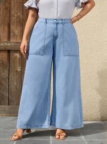 SHEIN LUNE 大码休闲牛仔裤，简约时尚，适合日常穿着 - 淺色水洗藍 - 查看 5