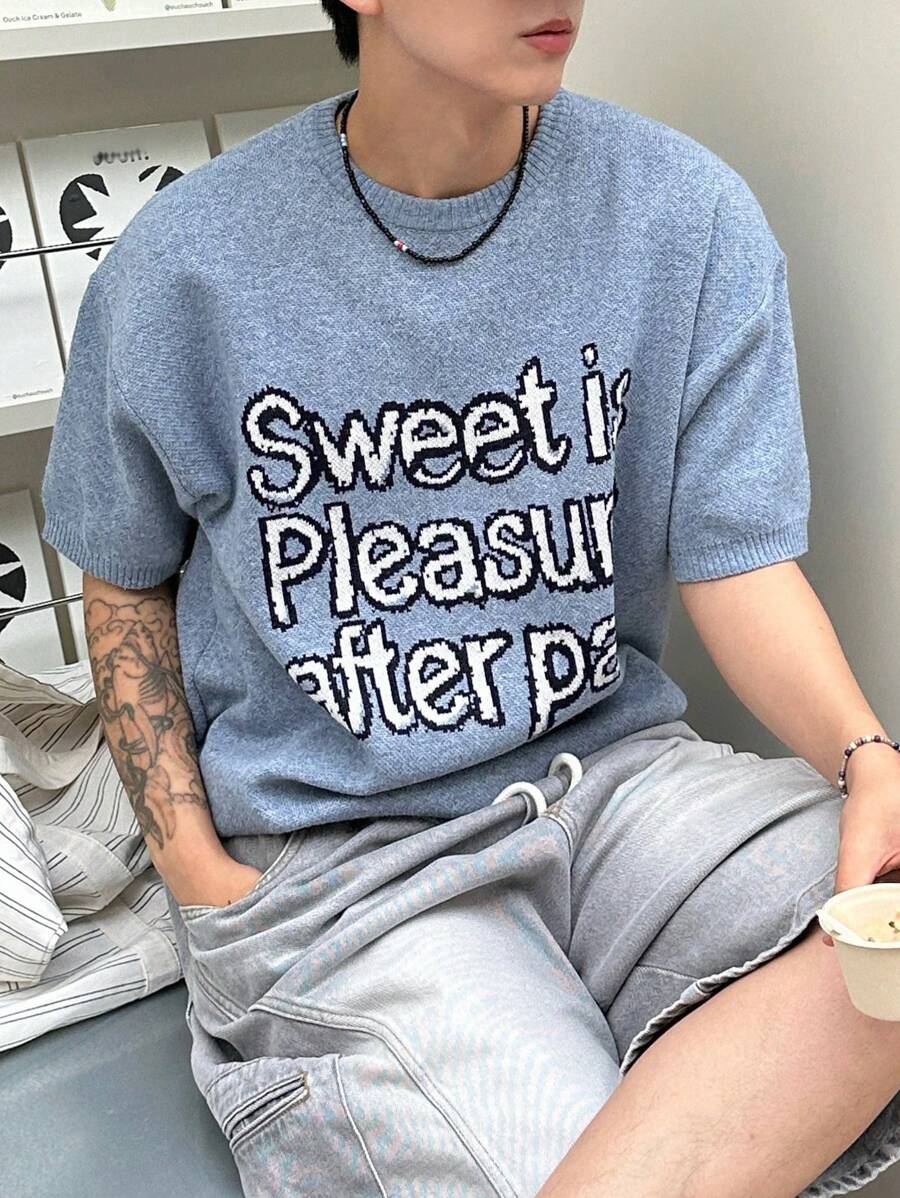 DAZY Men's Blue Knitted Sweater With Letter Design, Summer - Blue - View 1