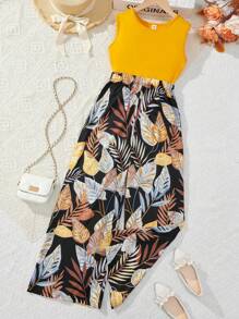 Solid Color Tank Top & Tropical Leaf Print Wide Leg Pants - Yellow - View 1