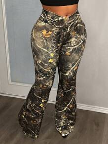 Slaydiva Plus Size Women's Branch Print Flare Pants, Holiday/New Year/Valentine's Day Western Wear Fall - Multicolor - View 1