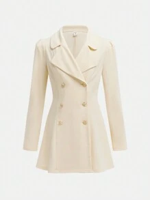 SHEIN Leap Crew Tween Girl Elegant Solid Color Convertible Collar Double Breasted Cinched Waist Blazer Jacket, Casual Academia Style - Apricot - View 5