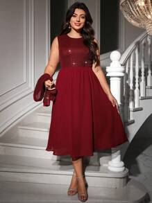 Ellevyn Ensemble 2 pièces de la Saint-Valentin, grande taille. Ensemble élégant pour femme avec veste en patchwork de sequins et de mousseline, et robe rouge à encolure ronde sans manches. Ensemble pour les rendez-vous et les fêtes, vêtements de printemps - Rouge foncé - Voir 4