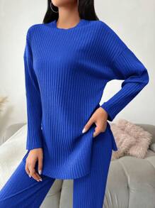 EURMUSE Cotton Solid Ribbed Knit Casual Drop Shoulder Tee & Pants Sets - Blue - View 3