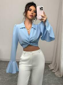 SHEIN Unity 女式纯色系带喇叭袖口短款衬衫，适合秋季 - 藍色 - 查看 5