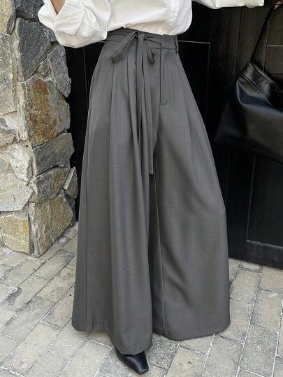 DAZY Women's Solid Color Casual Tie Up Pleated Wide Leg Pants