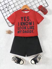 SHEIN 2pcs/Set Kids Boys Minimalist Letter Print Round Neck Short Sleeve T-Shirt And Shorts Comfy Pajama Sleepwear Set - Red - View 7