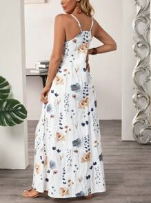 EMERY ROSE Women's Casual White Denim Maxi Dress With Floral Print, Spaghetti Strap Sleeveless Summer Dress With Pockets - White - View 6