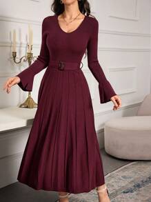 Modelyn Women's Solid Color Crew Neck Long Sleeve Casual Maxi Sweater Dress - Burgundy - View 5