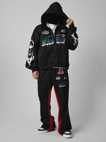 ROMWE MEN Street Life Men's Letter Print Zipper Hoodie And Sweatpants Set - Black - View 2