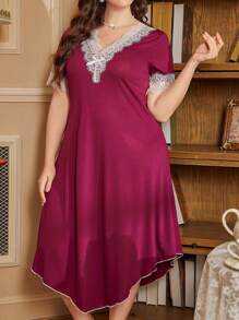 PalaceNights 大码女式休闲撞色蕾丝 V 领不对称下摆睡袍