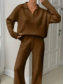 EURMUSE Woman Loose Fit Comfy Warm Thick Polo Neck Sweater And Pants Co-Ords Two Piece Set - Brown - View 7