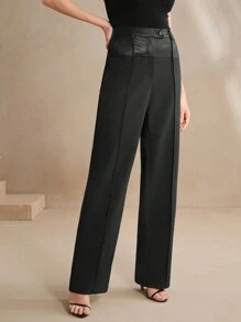 Anewsta High-Waist Black Straight Wide Leg Pants, Sleek Modern Commuting Style With PU Leather Panel Details, Women's Premium Trousers - Black - View 6