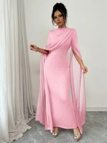 Rafferiza فستان الإطلالة الرسمية الأنيقة بخصر محشور مكشكش، كتف أسمتري، كم طويل شفاف، شق أسفل، محبوك مطاطي أحمر، فستان الحورية الطويل للخريف/الشتاء