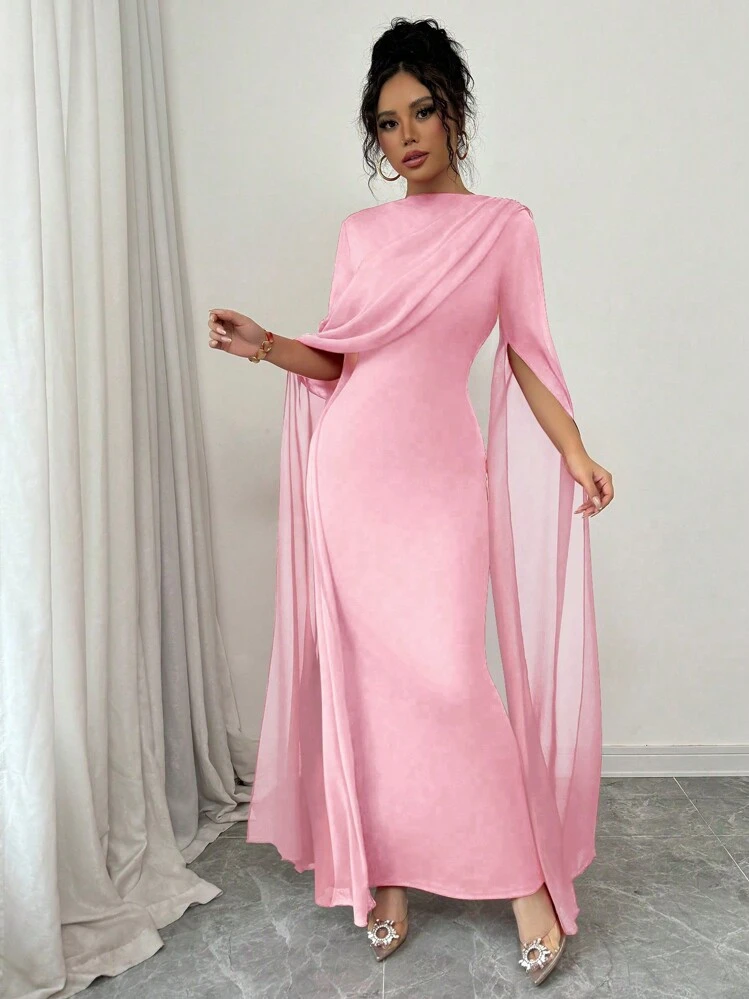 Rafferiza French Elegant Gathered Waist Party Bodycon Asymmetrical Shoulder Ruched Sheer Long Sleeve Slit Formal Knitted Stretch Red Dress, Long Mermaid Dress For Autumn/Winter Fall Cloth For Women - Pink - View 7