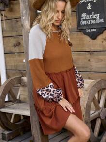 LanaWest Women's Waffle Knit Patchwork Leopard Print Smock Dress, Casual Country Style Long Sleeve Dress Fall Cloth For Women