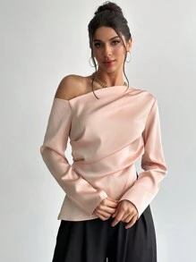 Firerie 节日新款优雅香槟色缎面长袖不对称领褶皱腰衬衫，适合通勤、情人节春夏装