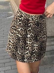 DAZY Women Leopard Print Short A-Line Denim Mini Skirt Cheetah Print Jeans Skirt - Brown - View 3