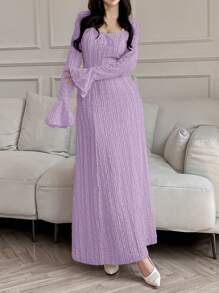 Feyla 女士纯色前系带长袖淡紫色休闲长裙 - 紫色 - 查看 5