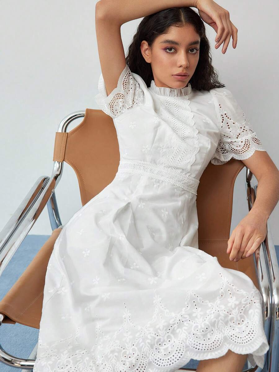 MOTF STUDIO SCHIFFY FRILL MOCK NECK PUFF SLEEVE SCALLOP EDGE MIDI DRESS - White - View 2