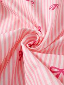 小女孩睡衣套装 - 三件套蝴蝶结领短袖衬衫和长裤休闲舒适睡衣，粉色。母子装（3套另售） - 彩色 - 查看 5