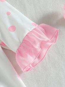 SHEIN 女孩卡通猫咪图案印花荷叶边针织圆领长袖睡袍睡衣 - 淺粉色 - 查看 7