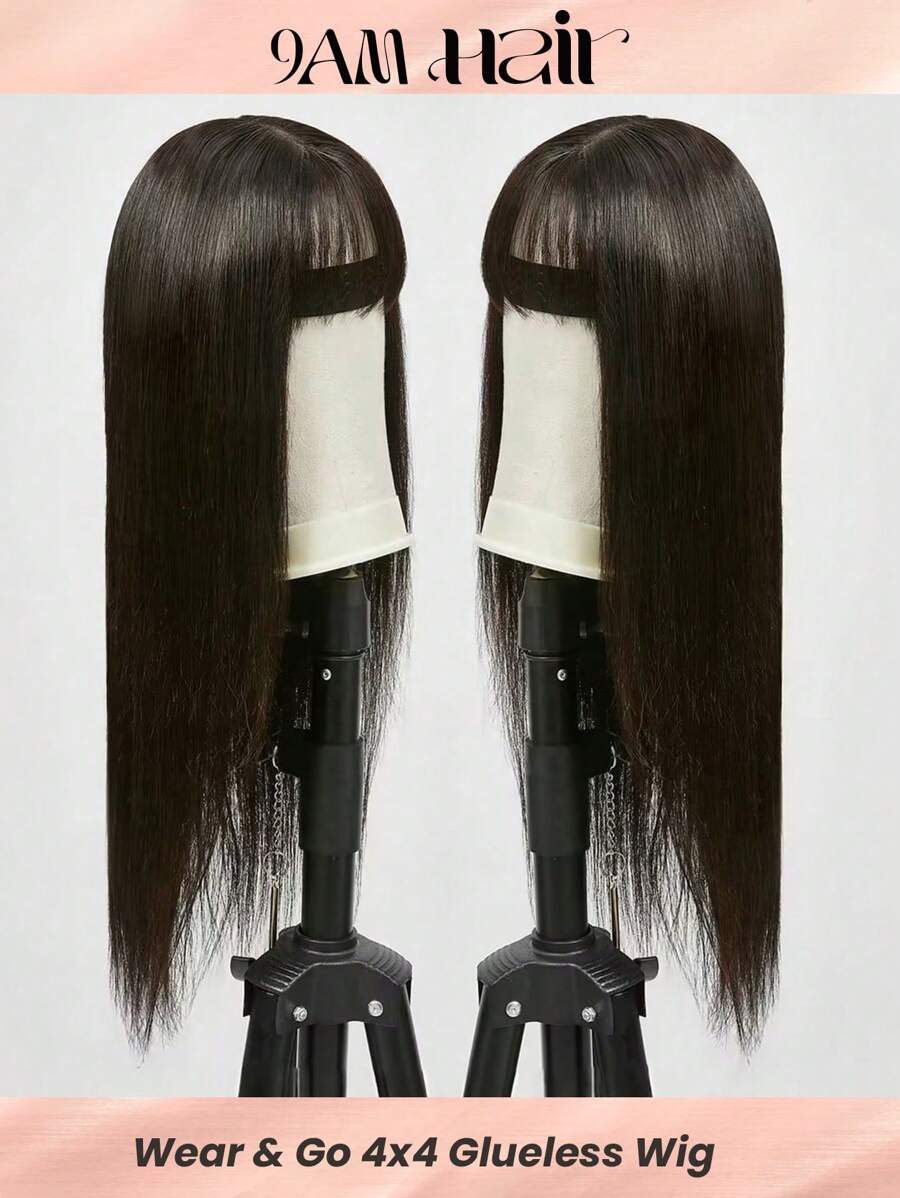 Wear&Go Glueless Pre-Haircut Natural Black Straight Remy Human Hair Pre Cut Glueless 4x4 Transparent Lace Closure Wig With Face Framing Fringe Air Bangs - Natural Black - View 1