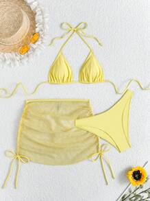 Swim Mod 2025 Women Simple Solid Color Swimwear Set For Beach Vacation Summer - Yellow - View 1