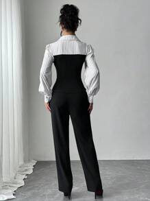 Chiquease 2pcs Set Women Patchwork Striped Lapel Long Sleeve Shirt & Straight Pants - Black and White - View 2