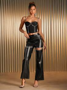 Hauture 女士性感夜总会吊带背心，饰有水钻细节 - 黑色 - 查看 3