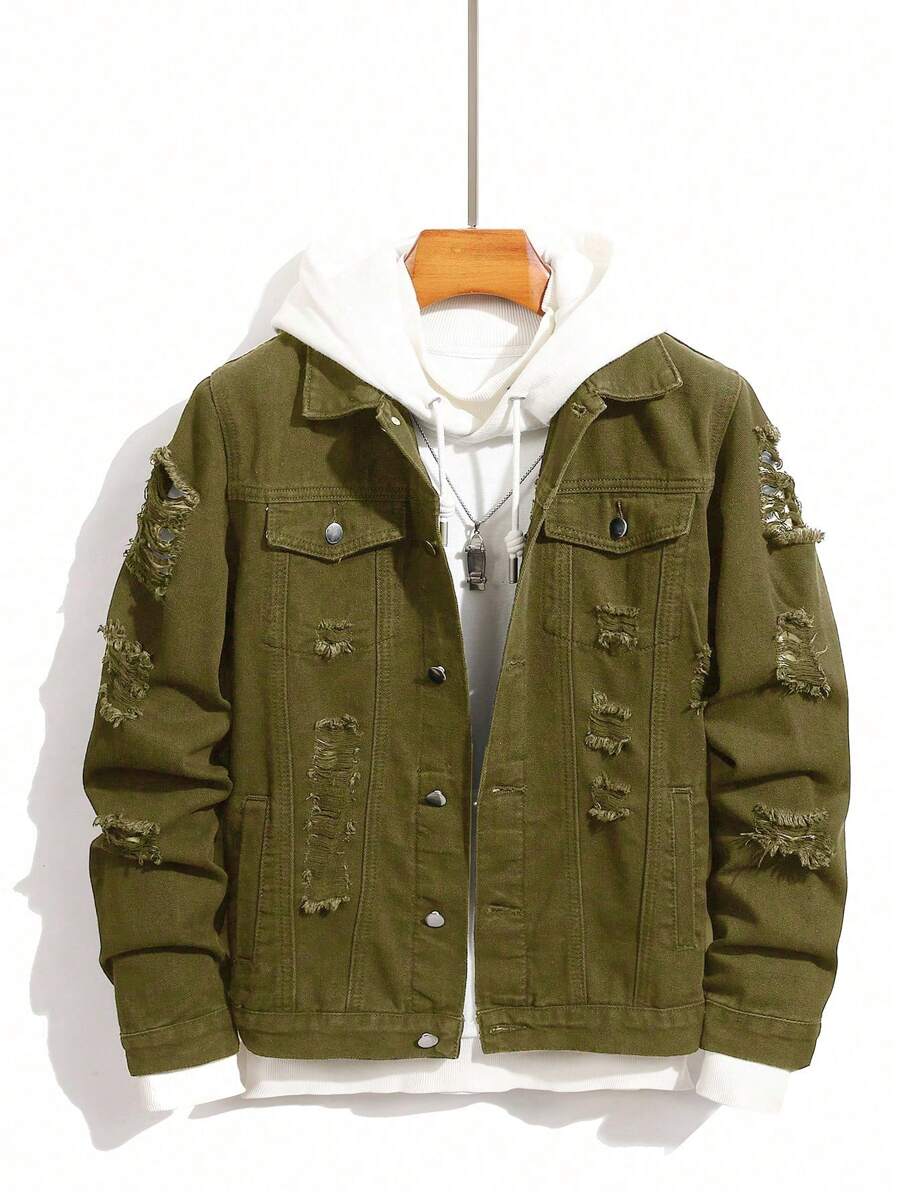Manfinity Roughcore Men's Autumn Long Sleeve Ripped Single-Breasted Casual Denim Jacket - Dark Green - View 1