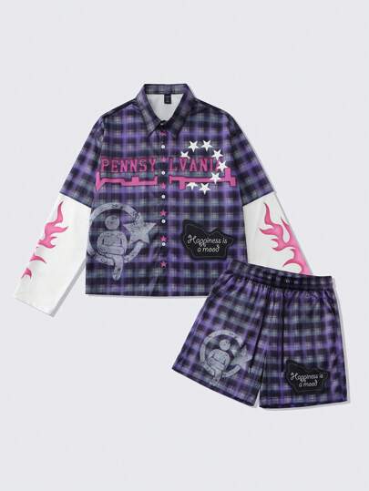 Grunge Punk Conjunto de camisa casual de manga larga con botones delanteros y unicolor, talla grande shorts para hombres