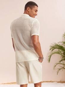 Mainfolk 2pcs Casual Men Knit Loose Short Sleeve Shirt And Straight Waist Elastic Drawstring Shorts Set - Apricot - View 2